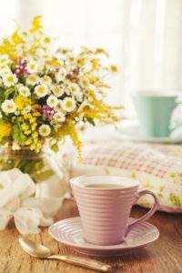 two cups of tea and summer flowers for mothers day!